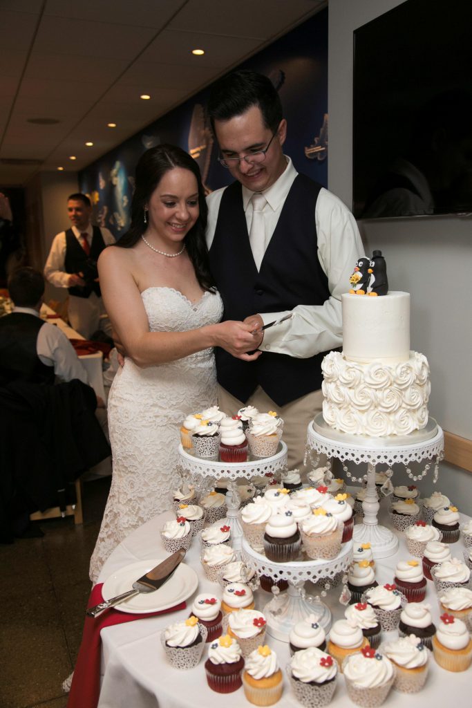 Lauren and Eli cut into their delicious cake - while Goldie had already left the party, two penguin cake toppers greeted the couple, instead.